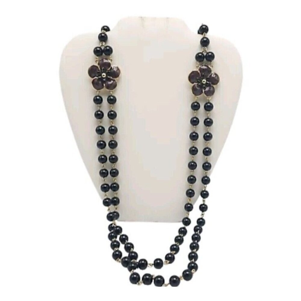 TALBOTS Necklace Double Strand Black Glass Beads‎ Purple Enamel Flowers 19" Boho